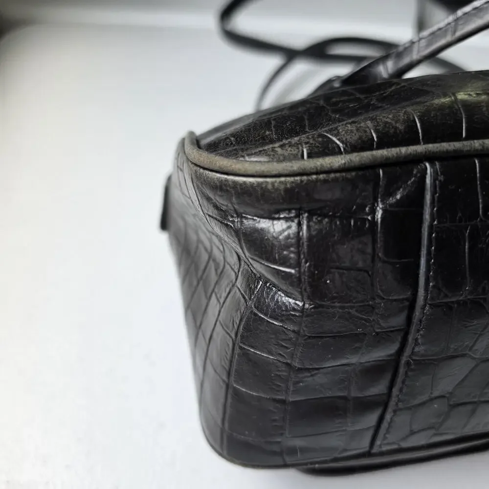 Fossil Shoulder Bag Womens Small Black Croc Embossed Leather Zip Purse Handbag